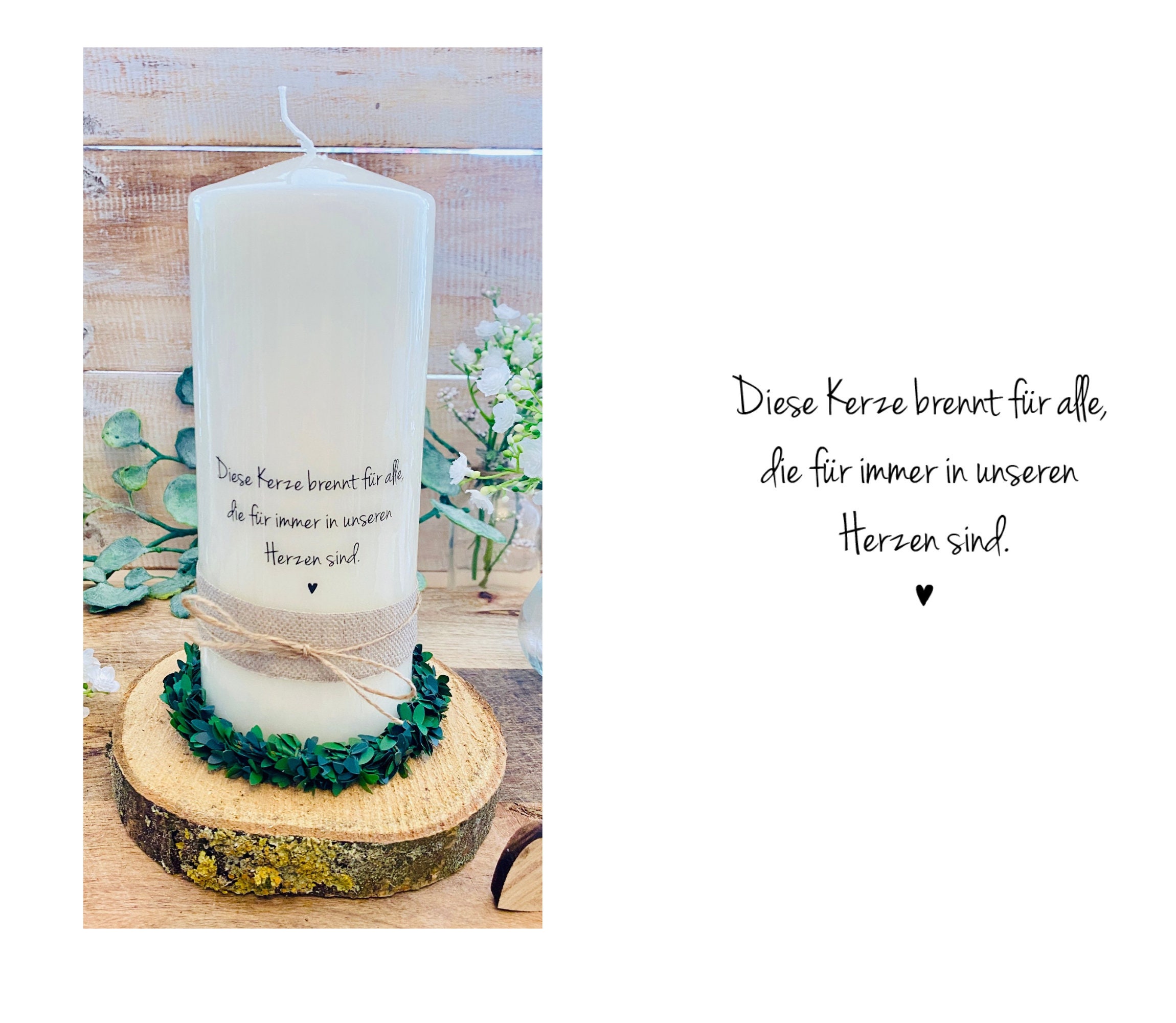 Candela commemorativa, candela di lutto per i defunti • Questa luce splende... il paradiso non sarebbe così lontano • Cuore • Calligrafia • Calli - Italia