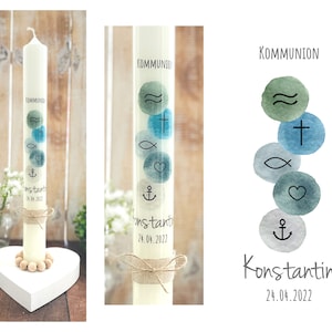 Communion candle baptism candle “Konstantin” watercolor Christian symbols waves cross fish heart anchor blue green grey silver jute vintage names