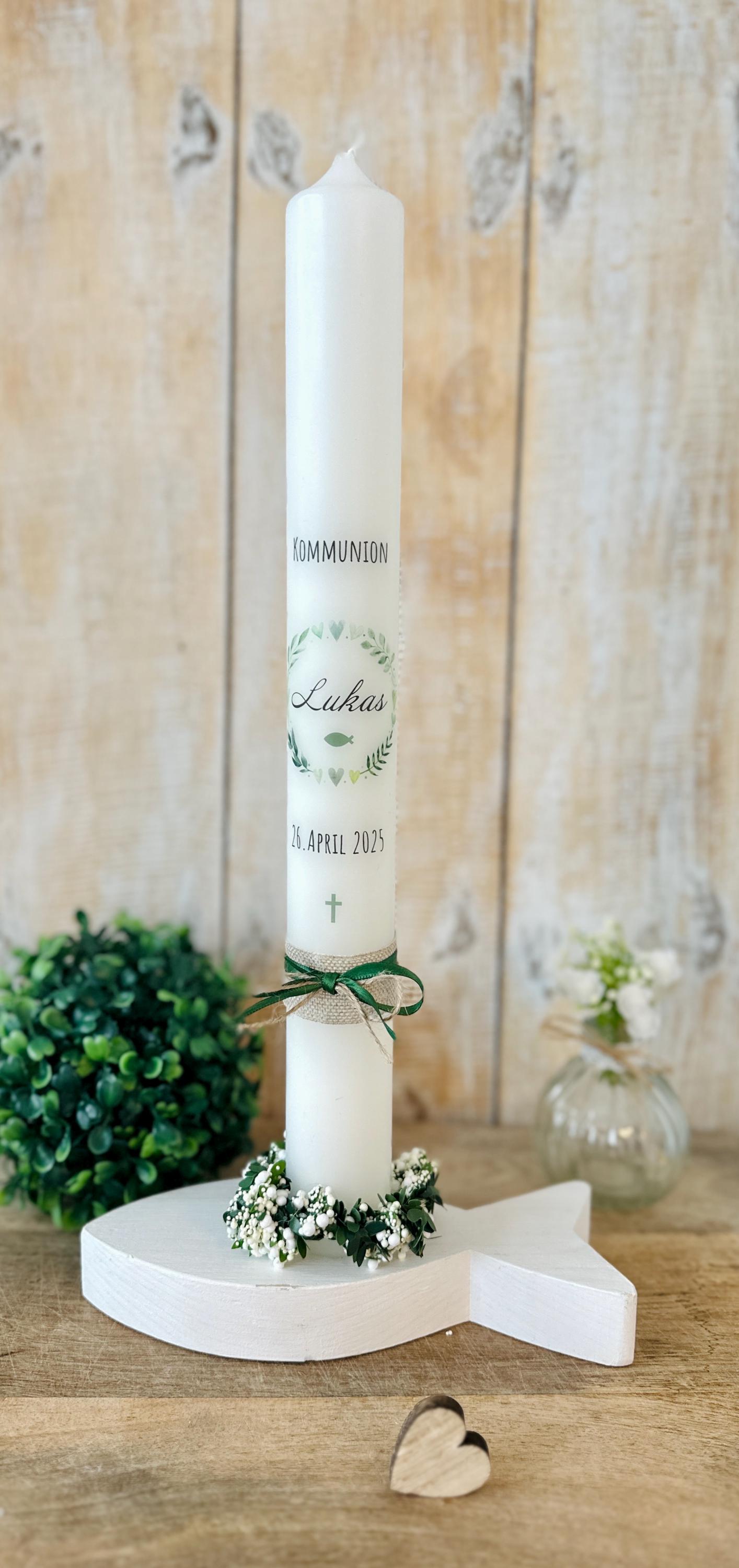 12 Portacandele Da Tavolo Con Motivo Pesce E Eucalipto Verde - Decorazione Per Comunione, Battesimo, Cresima, Matrimonio - Altezza 10 Cm