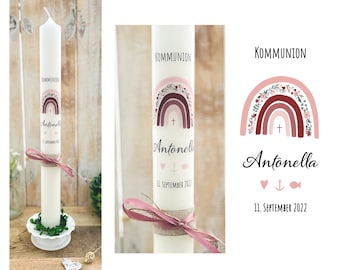 Communion candle baptism candle confirmation candle rainbow “Antonella” cross fish faith love hope heart anchor flowers tendril pink red