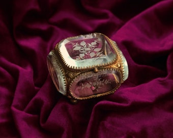 Antique French Ormolu Trinket Box, Etched Glass, Burgundy Silk Reliquary