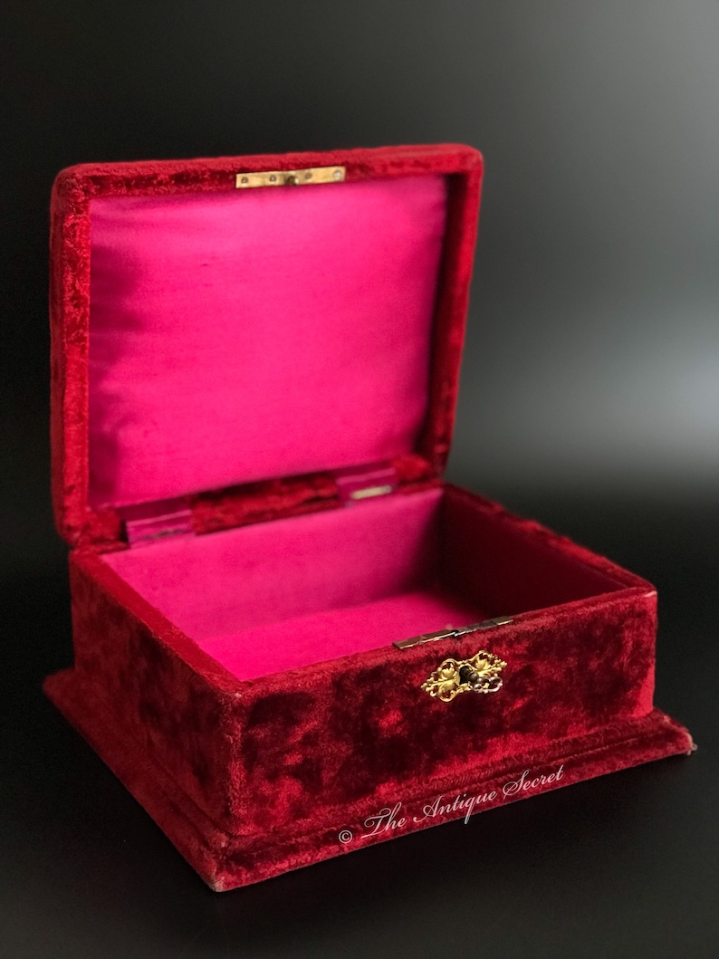 Absolutely beautiful antique 19th century victorian jewelry box in burgundy velvet and bright magenta pink silk in exceptional condition image 9