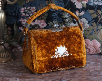 Victorian Velvet Seamstress Purse Box, Antique Sewing Tool Organizer, Blue Tufted Silk