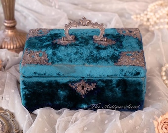 Absolutely spectacular antique 19th century victorian jewelry / sewing box in very rare peacok blue velvet and tufted silk