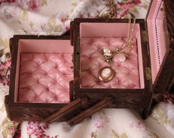 Rare 2 levels antique 19th century Black Forest Swiss carved walnut wood jewelry box, beveled mirror and pink tufted silk