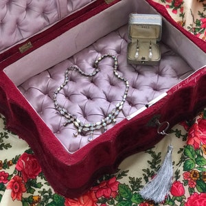 SOLD - Spectacular antique 19th century victorian jewelry sewing box burgundy velvet, lilac tufted satin silk in exceptional condition