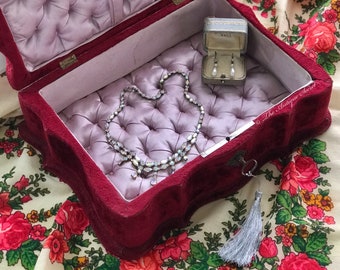 SOLD - Spectacular antique 19th century victorian jewelry sewing box burgundy velvet, lilac tufted satin silk in exceptional condition