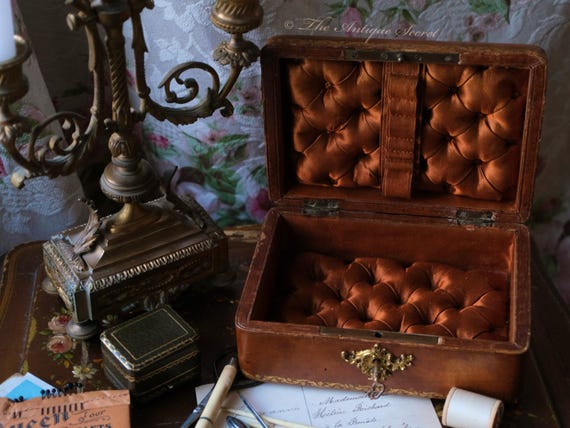 Antique French Napoleon III Camel Brown Leather Jewelry Box, Tufted Silk Interior, Sewing Tools