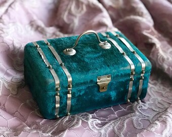 Antique Napoleon III Teal Velvet Jewelry Box, Tufted Silk Lining