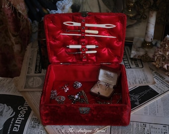 Victorian Fire Red Velvet Sewing Box, Antique Jewelry Box, Pewter Rocaille