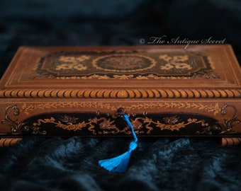 Joyero vintage con incrustaciones de Sorrento, estilo renacentista, llave funcional