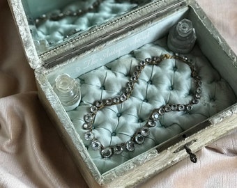 Rare antique 19th century victorian jewelry vanity box, beige velvet, mint blue satin tufted silk, beveled mirror and cristal bottles