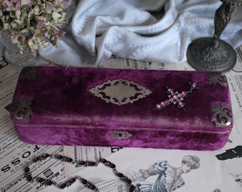 Antique Tyrian Purple Velvet Glove Box, Napoleon III Era