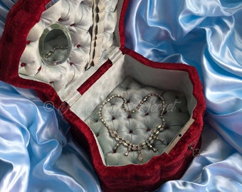 S0LD - Antique large Art Nouveau victorian jewelry vanity box burgundy velvet and mirror