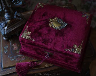 Antique Victorian Velvet Jewelry Box, Magenta Silk Lining, Rocaille Embellishments