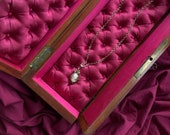 Gorgeous French Napoleon III marquetry and brass inlay work Antique Glove Jewelry Box with magenta pink tufted silk and opening frond lid