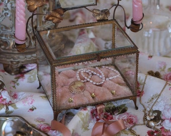 Antique French Reliquary Box, Beveled Glass, Ormolu, Pink Tufted Velvet Casket
