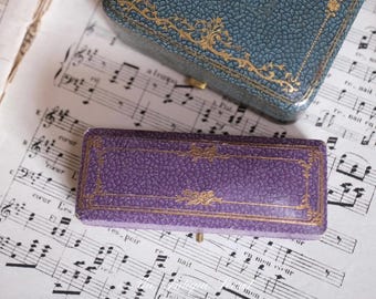 Antique Napoleon III Jewelry Box, Purple Leather Trompe l'oeil, Gilded Display Case