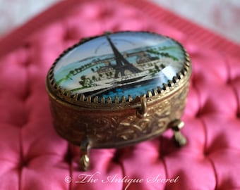 Antique Eiffel Tower Trinket Box, Ormolu Beveled Glass Reliquary, French Souvenir