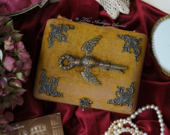 Antique Napoleon III Jewelry Box, Ginger Velvet, Golden Silk, Bird Decor
