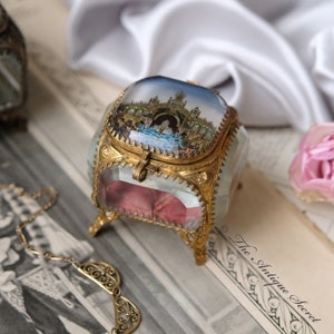 Rare and fabulous French 19th century antique jewelry trinket reliquary box in brass, beveled glass and red tufted silk Paris 1900