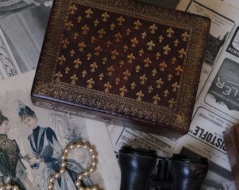 Antique Napoleon III Leather Box – French Gilded Fleur de Lys, Burgundy Interior