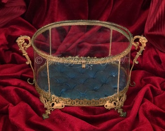 SOLD - Rare French antique jewelry wedding casket box, beveled glass, brass ornaments, blue silk velvet and ormolu