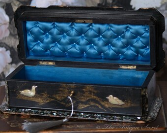 Victorian Lacquered Jewelry Box, Mother of Pearl Inlay, Blue Tufted Silk Lined