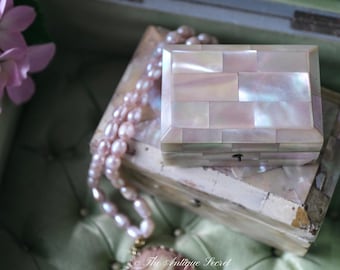 Antique Mother of Pearl Jewelry Box, 19th Century Miniature, Pink Silk Lining