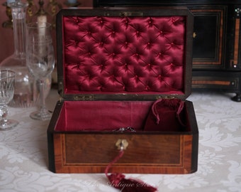 Antique French Napoleon III Jewelry Box, Boulle Marquetry & Cardinal Red Tufted Silk
