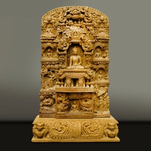 Buddha wood carving from Nepal a relief tells the life story of Buddha Shakyamuni