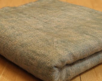 Puede incluir: Manta rectangular plegada en tonos grises y beige. La manta tiene una textura tejida y parece suave. Los bordes están ligeramente deshilachados. La manta está doblada cuidadosamente, mostrando las variaciones de textura y color.