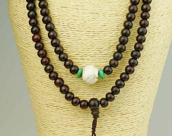 Necklace Mala Black Brown, 108 Beads, Nepalese Craft, Gift, Buddhism, Shell, Turquoise, Meditation, Wood, Handmade, Brown 49i