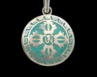 Wunderschönes Doppeldorje-Amulett aus Nepal, türkis, silbern, Mantra, OM-Symbol