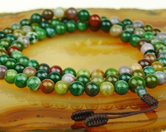 Gemstone Agate Mala, 108 green moss agate beads, gift, practice and meditation, stupa and guru bead, Buddhism, from Nepal, 103
