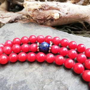 Mala ketting koraal rood, lapis lazuli, edelsteen, 108 parels, rood, wit, cadeau, dames, handgemaakt, Boeddhisme Boeddha, Guru Stupa, Nepal 99 afbeelding 4