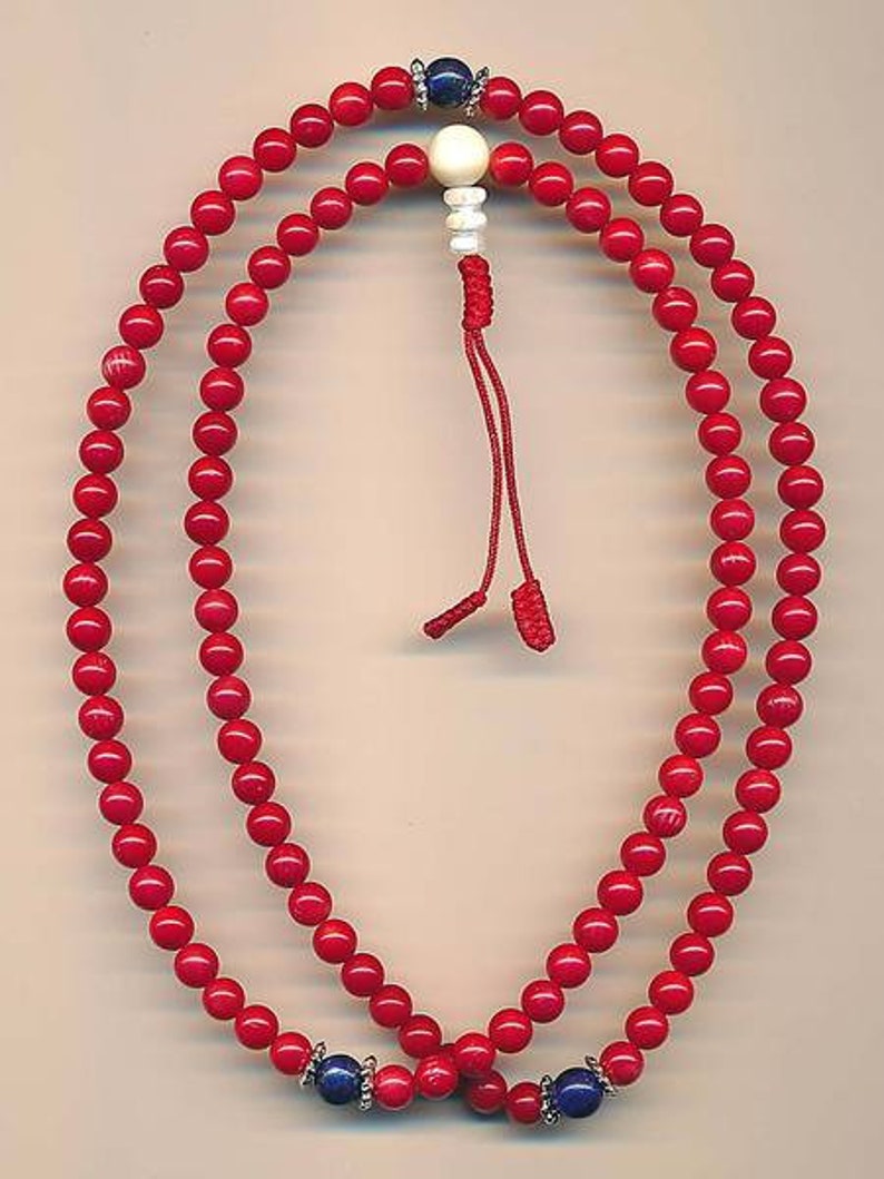 Mala ketting koraal rood, lapis lazuli, edelsteen, 108 parels, rood, wit, cadeau, dames, handgemaakt, Boeddhisme Boeddha, Guru Stupa, Nepal 99 afbeelding 7