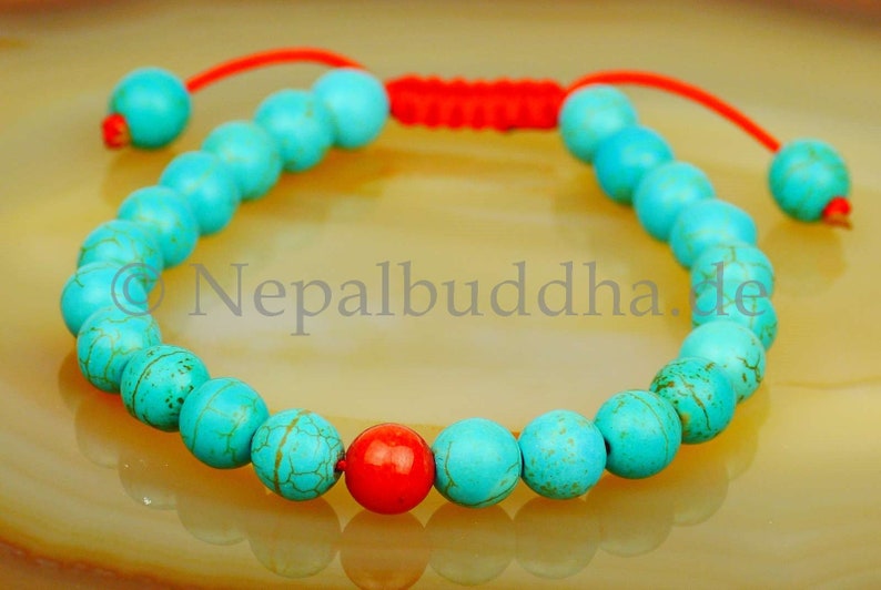 Bracelet Pearls Gemstone Turquoise Carnelian Gift Women Buddhism Blue Red Adjustable Birthday Gift Buddha Nepal Handmade Round s17 image 1