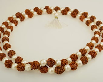 Mala Kette Rudraksha Braun Weiß, 108 Perlen, Samen, Buddhismus, Schutz, Geschenk, Damen, Freundin, Mutter, Glück, Buddha, Baum, Natur 49b