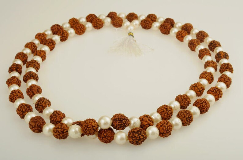 Mala Kette Rudraksha Braun Weiß, 108 Perlen, Samen, Buddhismus, Schutz, Geschenk, Damen, Freundin, Mutter, Glück, Buddha, Baum, Natur 49b Bild 1