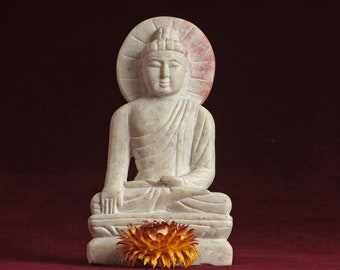 Buddha Statue Marmor Weiß Skulptur 11 cm Figur Geschnitzt Buddhismus Geschenk Altar Dekoration Tisch Handarbeit Steinarbeit Gebet Meditation