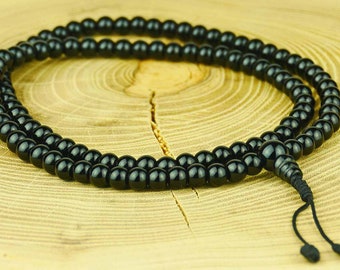 Onyx mala necklace, black, 108 gemstone beads, handmade Nepal, Buddhism, gift, meditation, mindfulness, Buddhist necklace, 19c