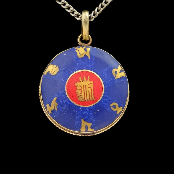 Decorated Buddhist Amulet from Nepal, Blue, Golden, Red, Mantra, Kalachakra