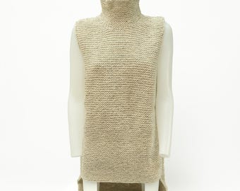 Sweater Sleeveless Knit Coarse Women Beige Sheep Wool Natural Handmade Knitted Nepal Wool Hiking Gift Summer Evening