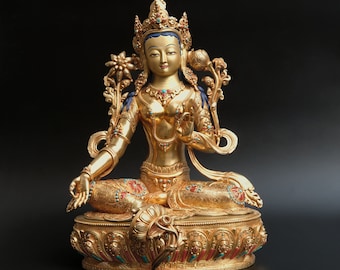 Estatua de Tara Verde Buda "De Alta Calidad" Budismo Nepal (11,2 Kg) Nepalbuddha