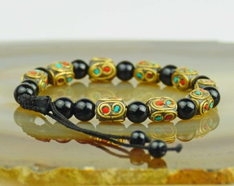 Bracelet Black onyx Brass Turquoise Red 140