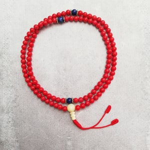 Mala ketting koraal rood, lapis lazuli, edelsteen, 108 parels, rood, wit, cadeau, dames, handgemaakt, Boeddhisme Boeddha, Guru Stupa, Nepal 99 afbeelding 3