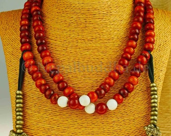 Mala chain buffalo horn, 108 pearls, leather, men, gift gemstone, brass, handmade, Tibet class quality counter carnelian Buddha 72