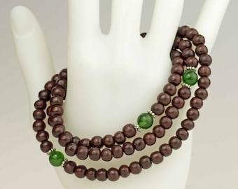 Brown Rosewood Mala necklace, 108 beads, practicing meditation, green beads, gift, Buddhism, rosary, prayer, Buddha, filigree 23