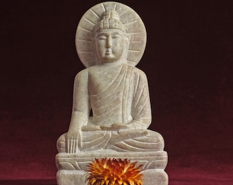 Buddha Statue Marmor Weiß Skulptur 11.4 cm Figur Geschnitzt Buddhismus Geschenk Altar Dekoration Handarbeit Steinarbeit Gebet Meditation